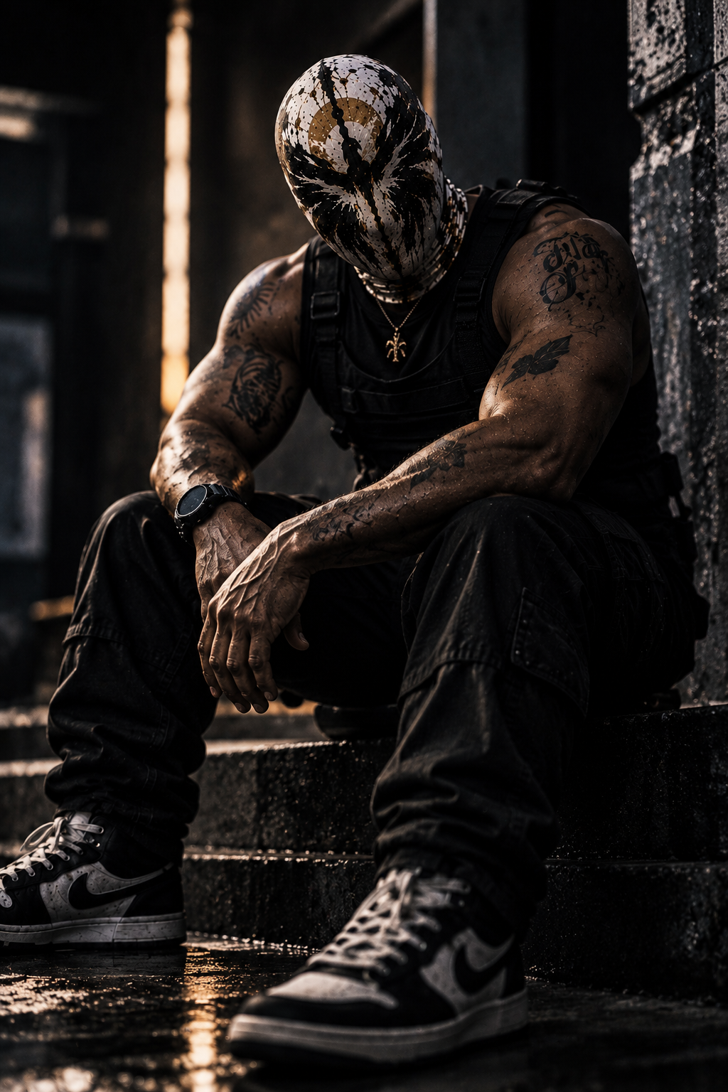 Gio Drinks sitting on wet steps in the Rebirth inkblot mask