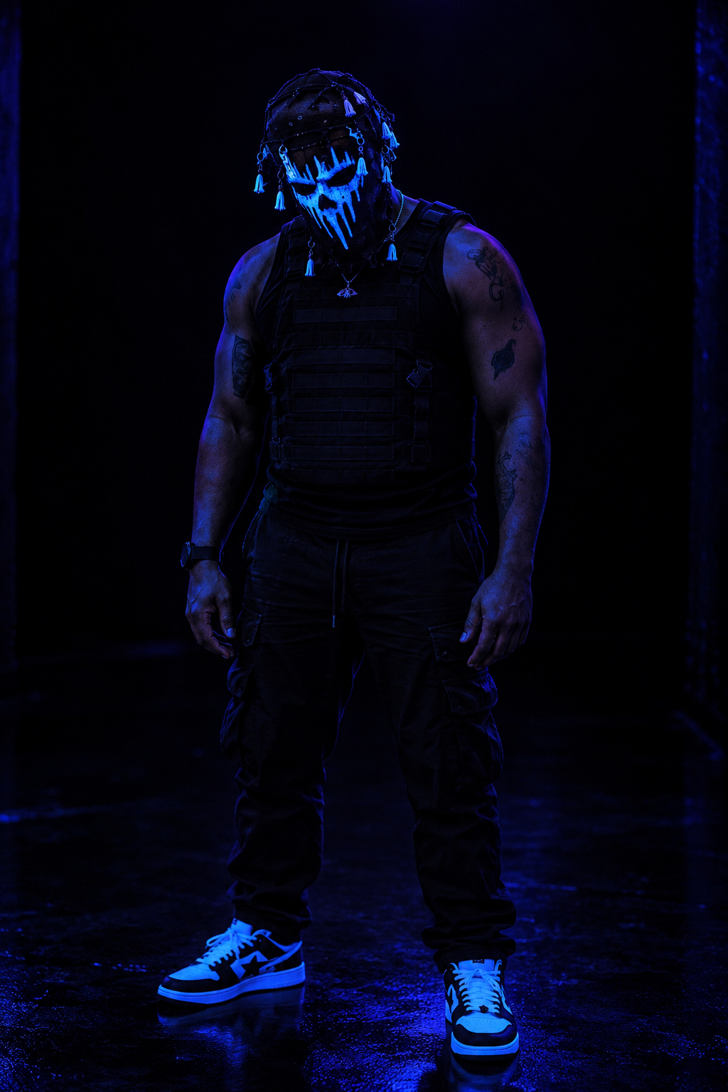 Gio Drinks in the UV skull mask under blue light