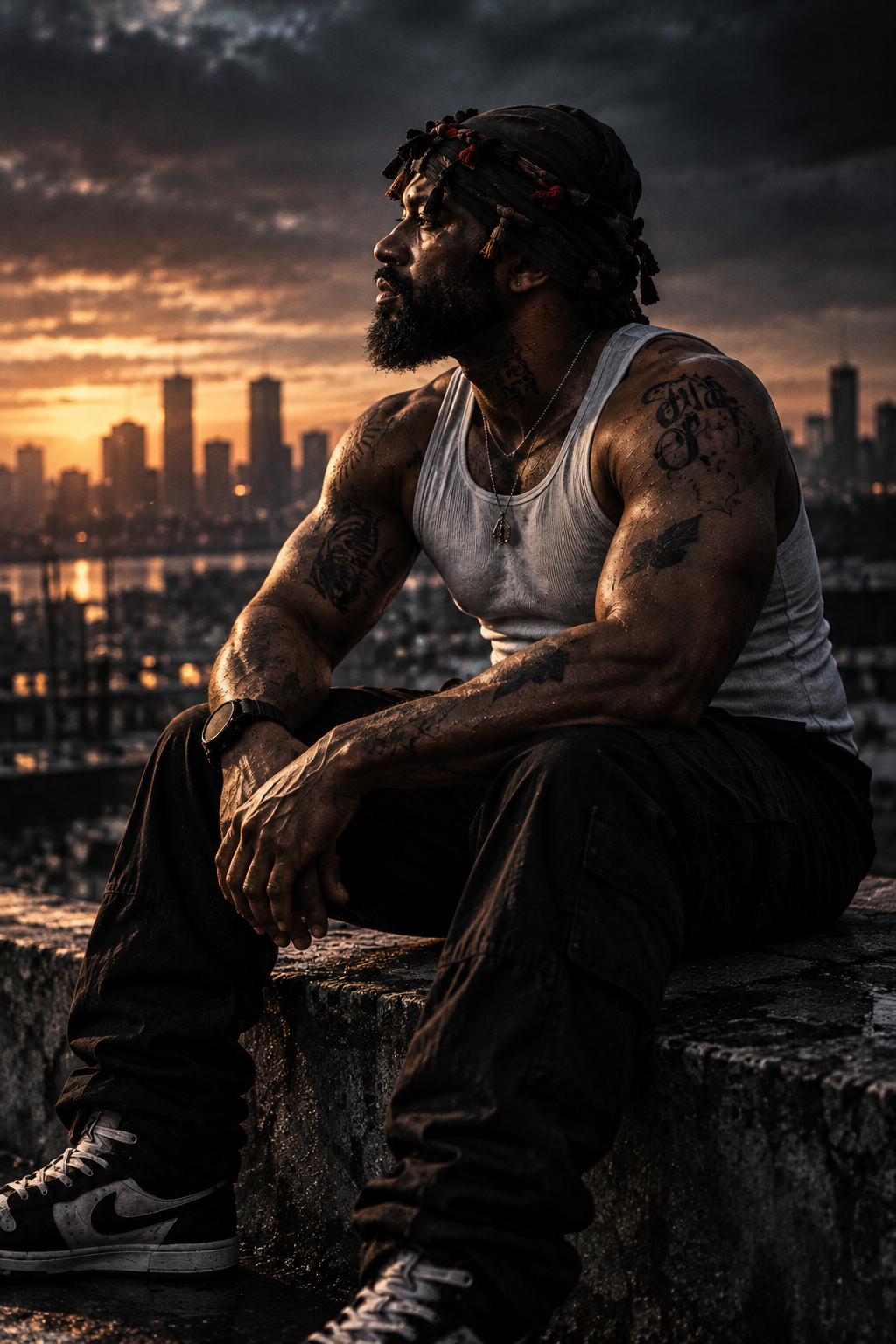 Gio Drinks sitting on a rooftop ledge at sunset over the skyline