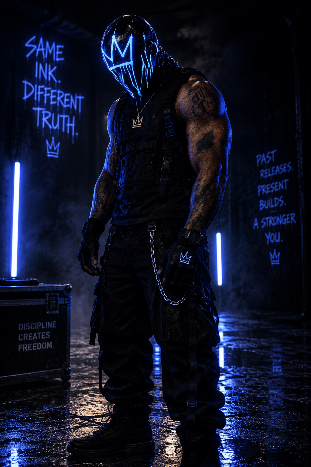 Gio Drinks in the neon blue crown mask — Same Ink. Different Truth.