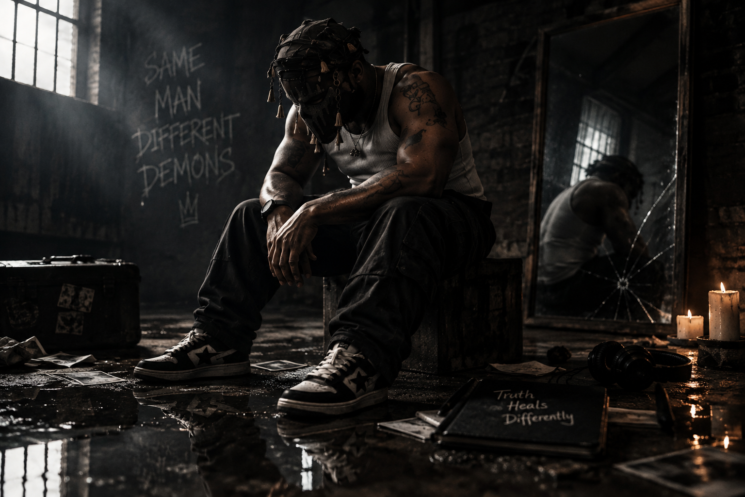 Gio Drinks seated in the Same Man Different Demons room