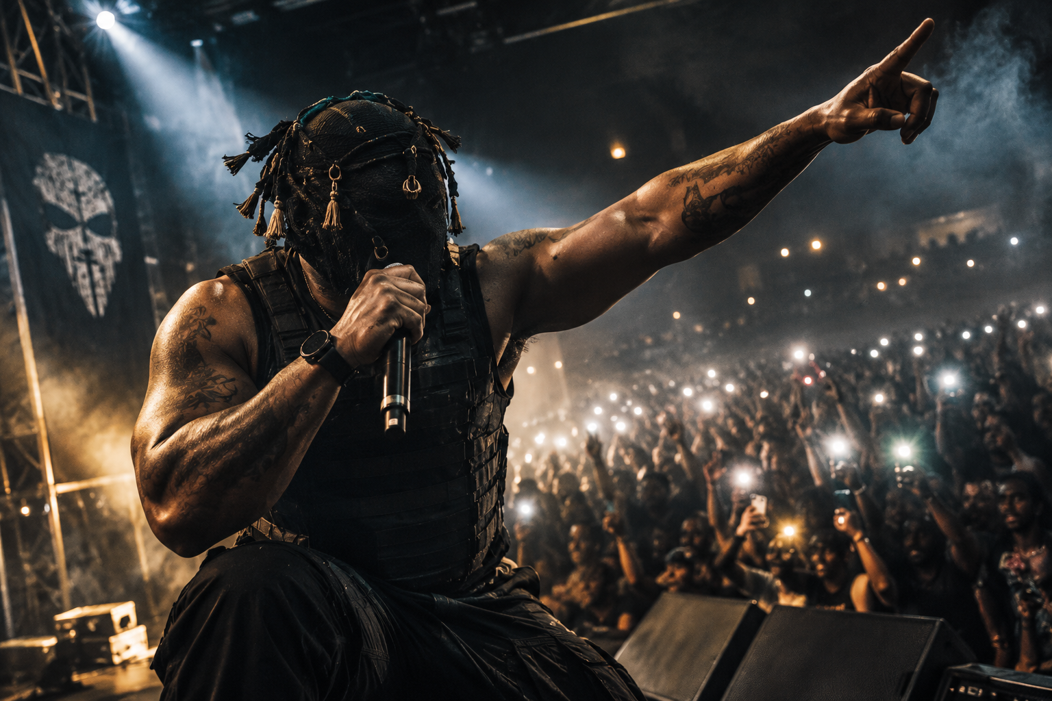 Gio Drinks performing on stage, crowd lit by phone lights